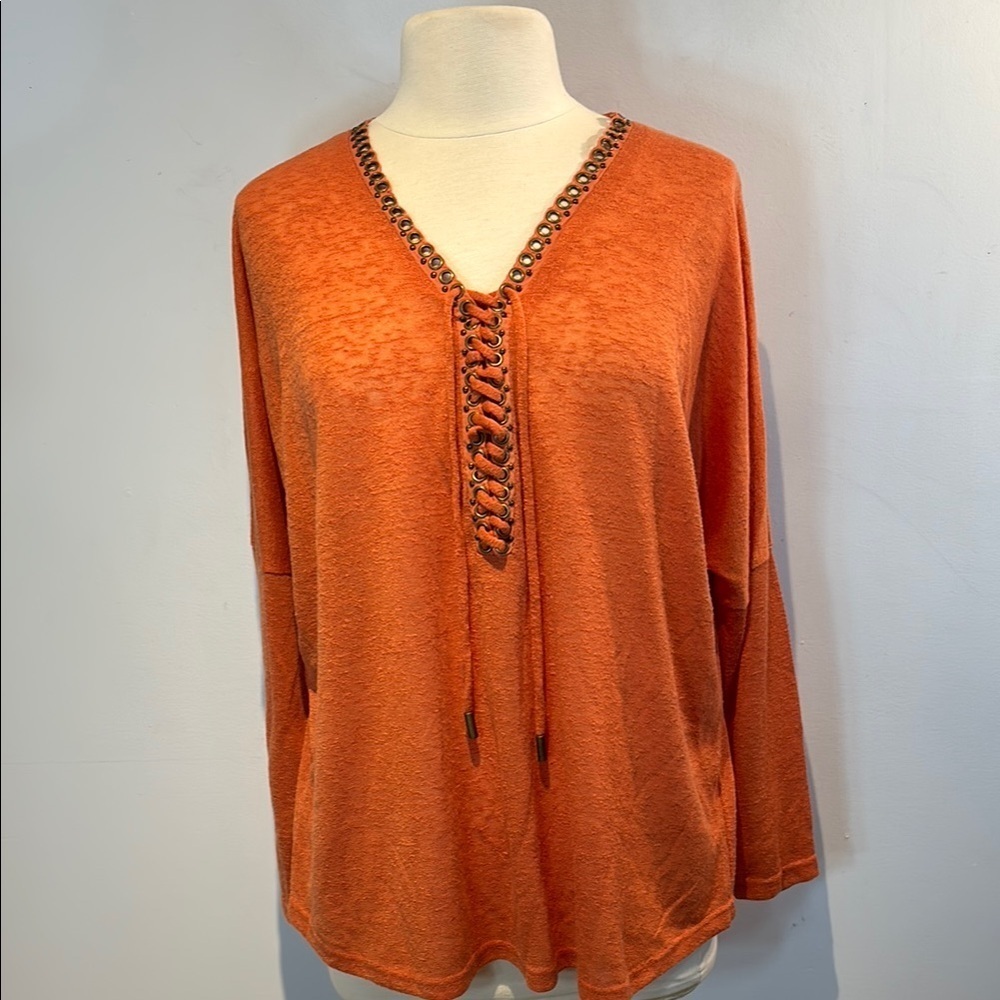 Linea Domani burnt orange linen blend top with lacing detail size large